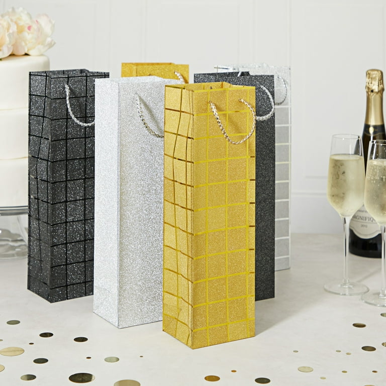 6 Pack Foiled Glitter Wine Bottle Gift Bags with Handles for Holidays, New  Years, Birthdays (Silver, Black, Gold, 3.8 x 14 x 3.3 In)