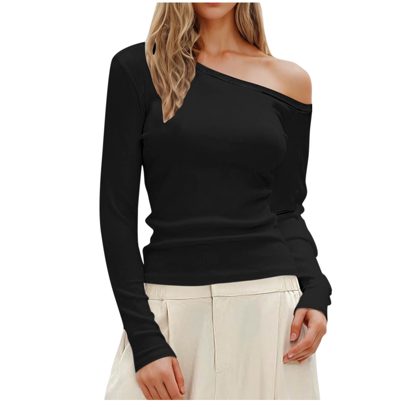 Mittory Women's One Shoulder T Shirt Asymmetrical Neck Long Sleeve