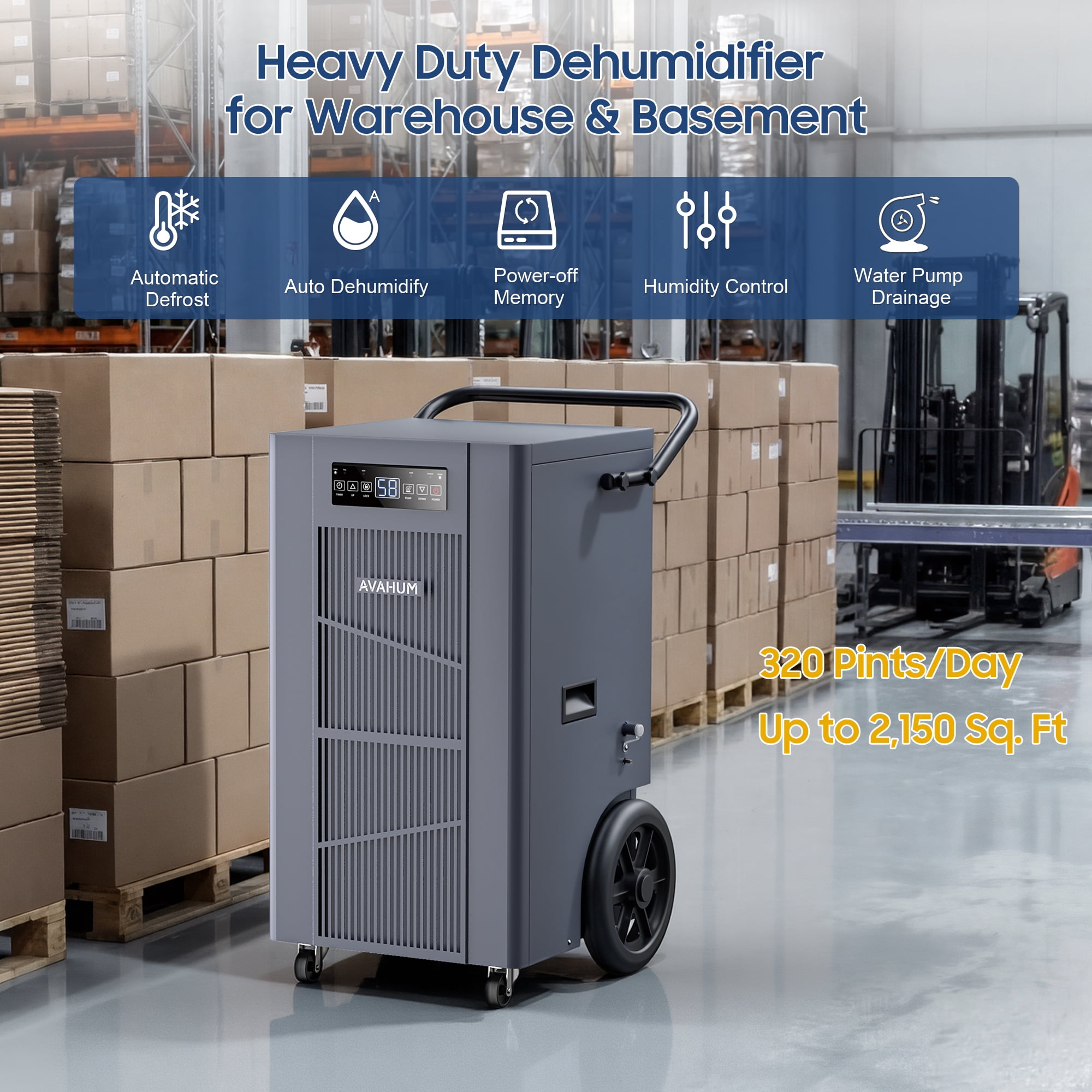 AVAHUM 320 Pints Commercial Dehumidifier with Pump for 8,000 sq. ft, Industrial Dehumidifier for Basements and Job Sites
