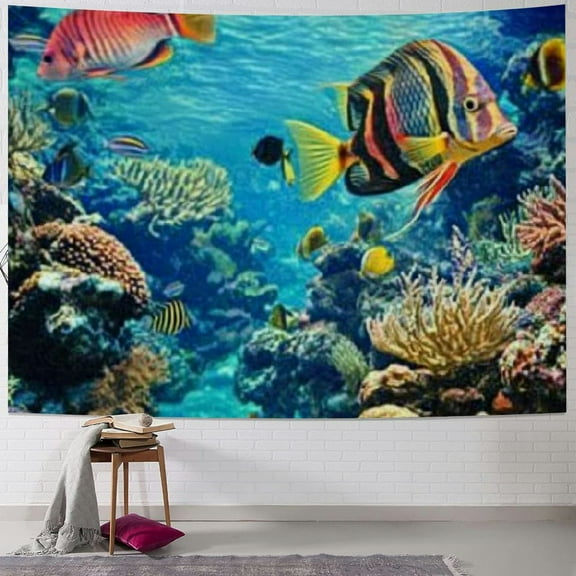 Patifu  Ocean Tapestry King Size, Untouched Wild Underwater Aquatic World Corals Exotic Fishes Seascape, Wall Hanging  Cover Wall Decor 40x30inch