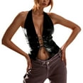 thumbnail image 2 of Bustier Tops for Women Pu Leather Lace Up Deep V Neck Backless Halter Crop Top Rave Outfits, 2 of 5