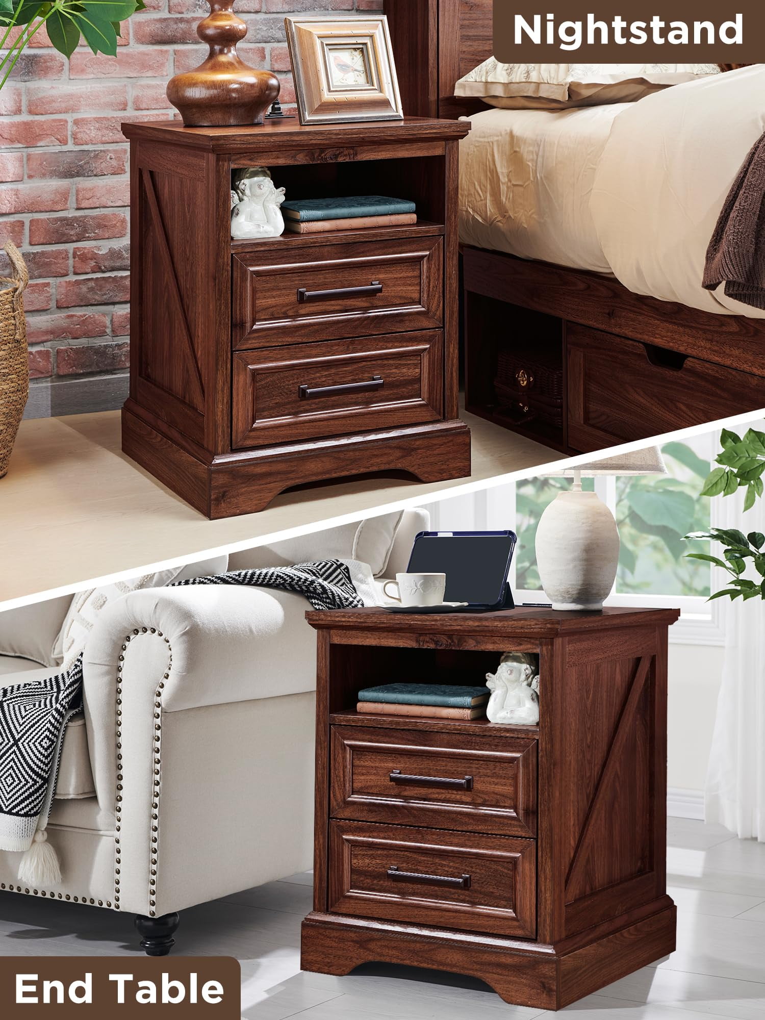 ACCOHOHO Nightstands Set of 2 with Charging Station, Rustic End Table with 2 Drawers Farmhouse Side Table with 3-tier Storage Space Bedside Cabinet for Bedroom Living Room,Brown