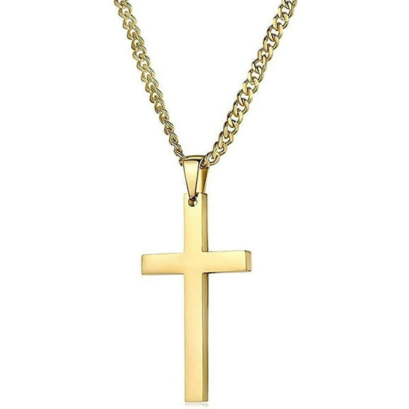 14K Gold Cross Flat Chain Necklace For Men Gold plated for Women / Diamond-cut Cross pendant / Religious Cuban link 3MM Cuban link Necklace / Perfect Gift / Statement Necklace, 20 inch