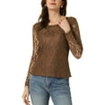 thumbnail image 1 of INSPIRE CHIC Women's Ladies Sheer Long Sleeves Flower Embroidery Lace Top Brown M, 1 of 4