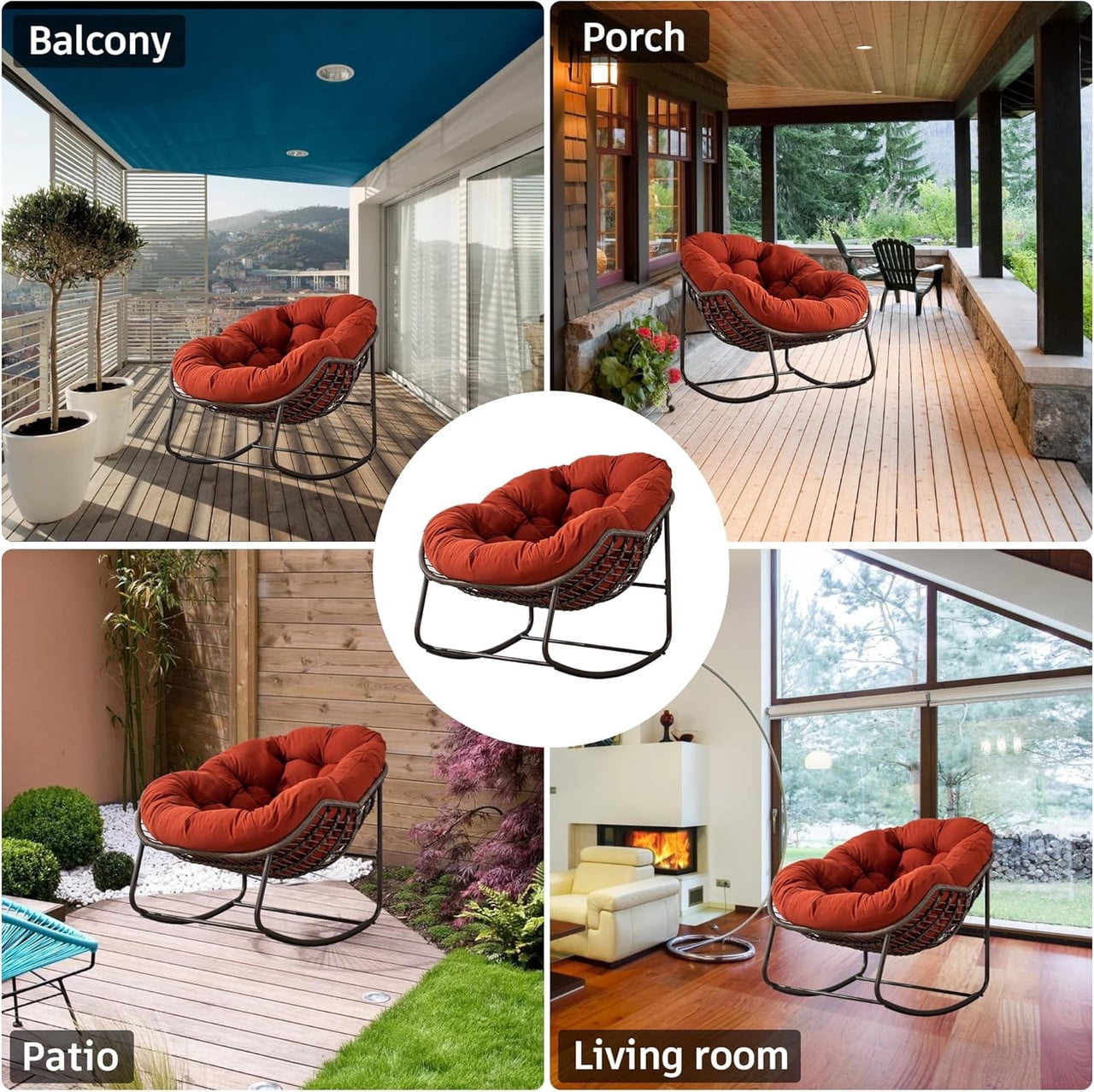Outdoor Rattan Rocking Chair, Rocking Papasan Chair with Thick Cushion, Comfy Wicker Egg Chairs Lounge Recliner Chair, Padded Cushion Rocker