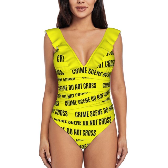 Crime Scene Tape Pattern One Piece Swimsuit Women Ruffle Monokini Shoulder Swimsuit Bathing Suit Swim Wear Crime Scene Do Not
