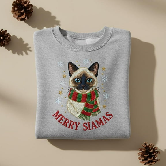 Merry Siamas Embroidered Sweatshirt, Siamese Cat Christmas Sweater, Holiday Feline Crewneck, Cute Cat Lover Gift, Xmas Scarf