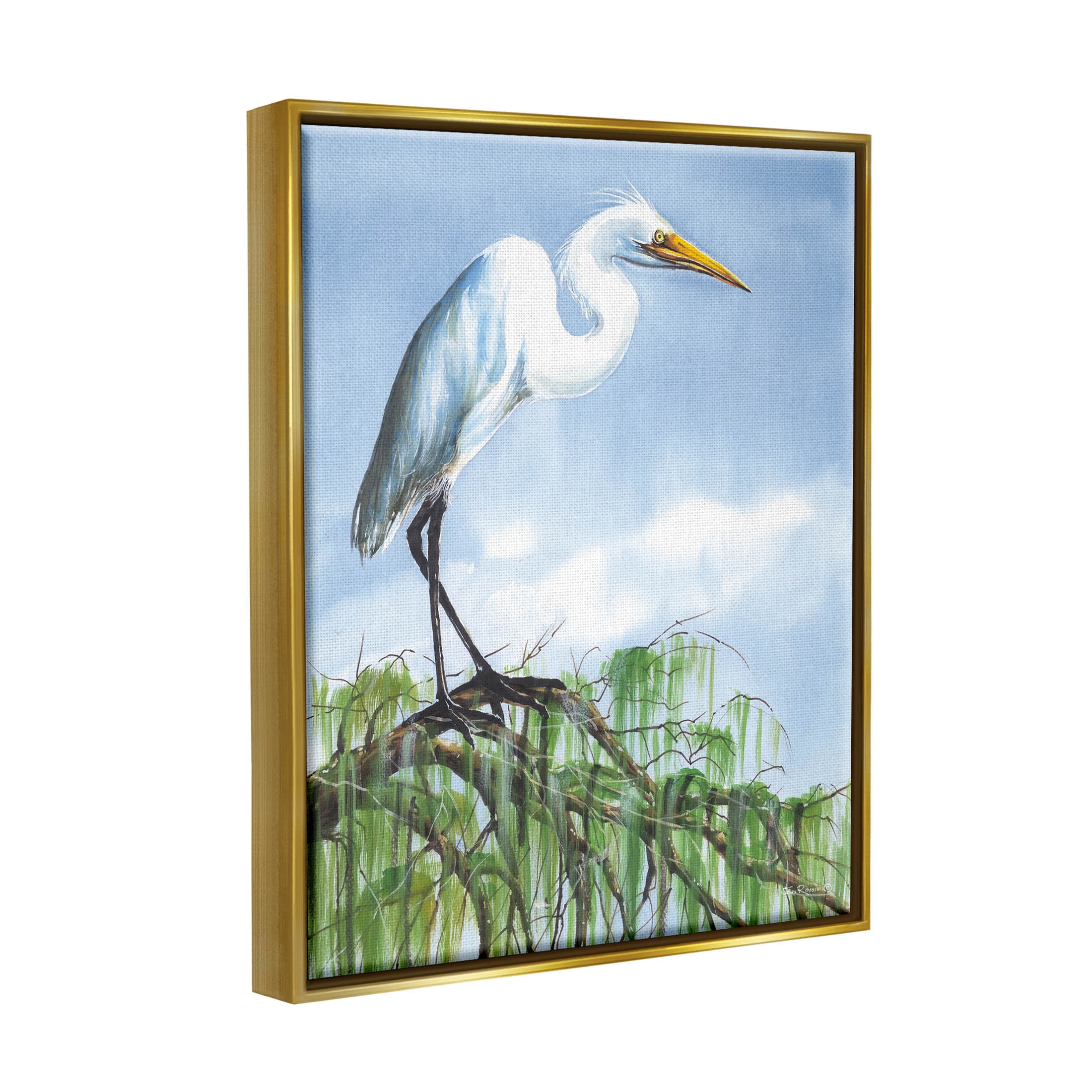 Egret Bird Balancing Branch Animals & Insects Painting Metallic Gold Framed Art Print Wall Art