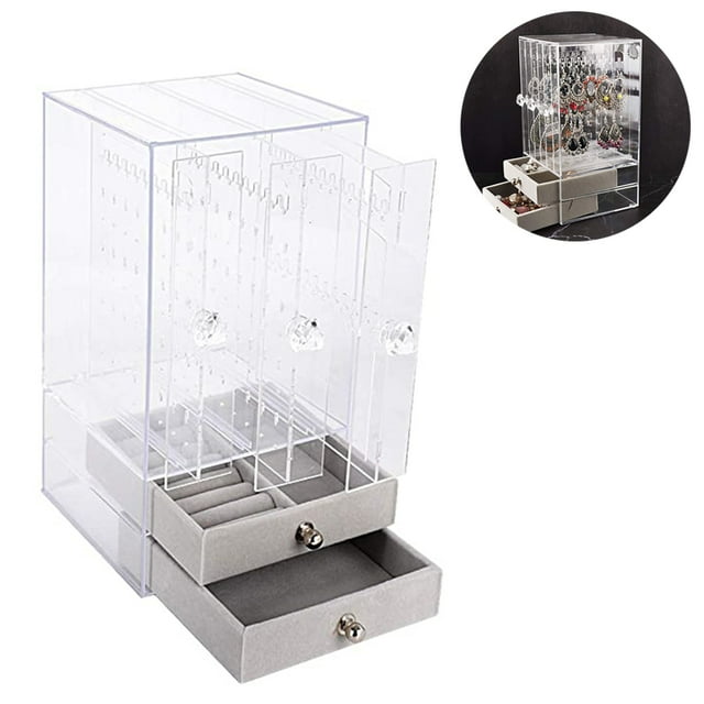 Jewelry Organizer Box with 2 Drawers and 3 Acrylic Earring Storage Display Holder for Rings Necklace Bracelet-Transparent