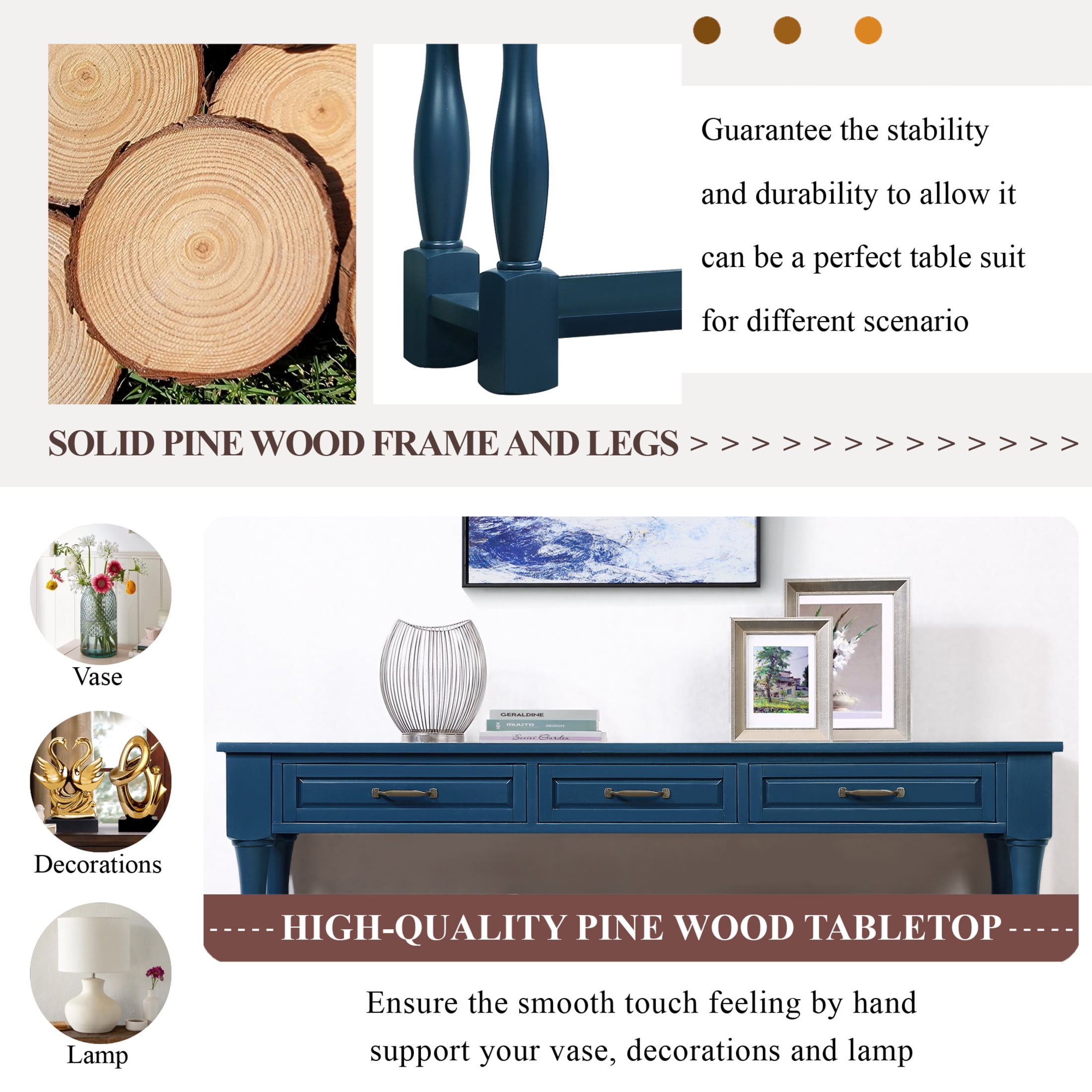Noble House Adelaide 63" Console Table, Solid Wood Frame Mid-Century Entryway Storage, Navy Blue