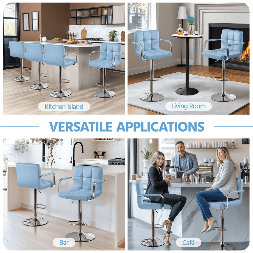 Alden Design PU Leather Bar Stools with Large Steel Pedestal Base, Set of 2, Blue