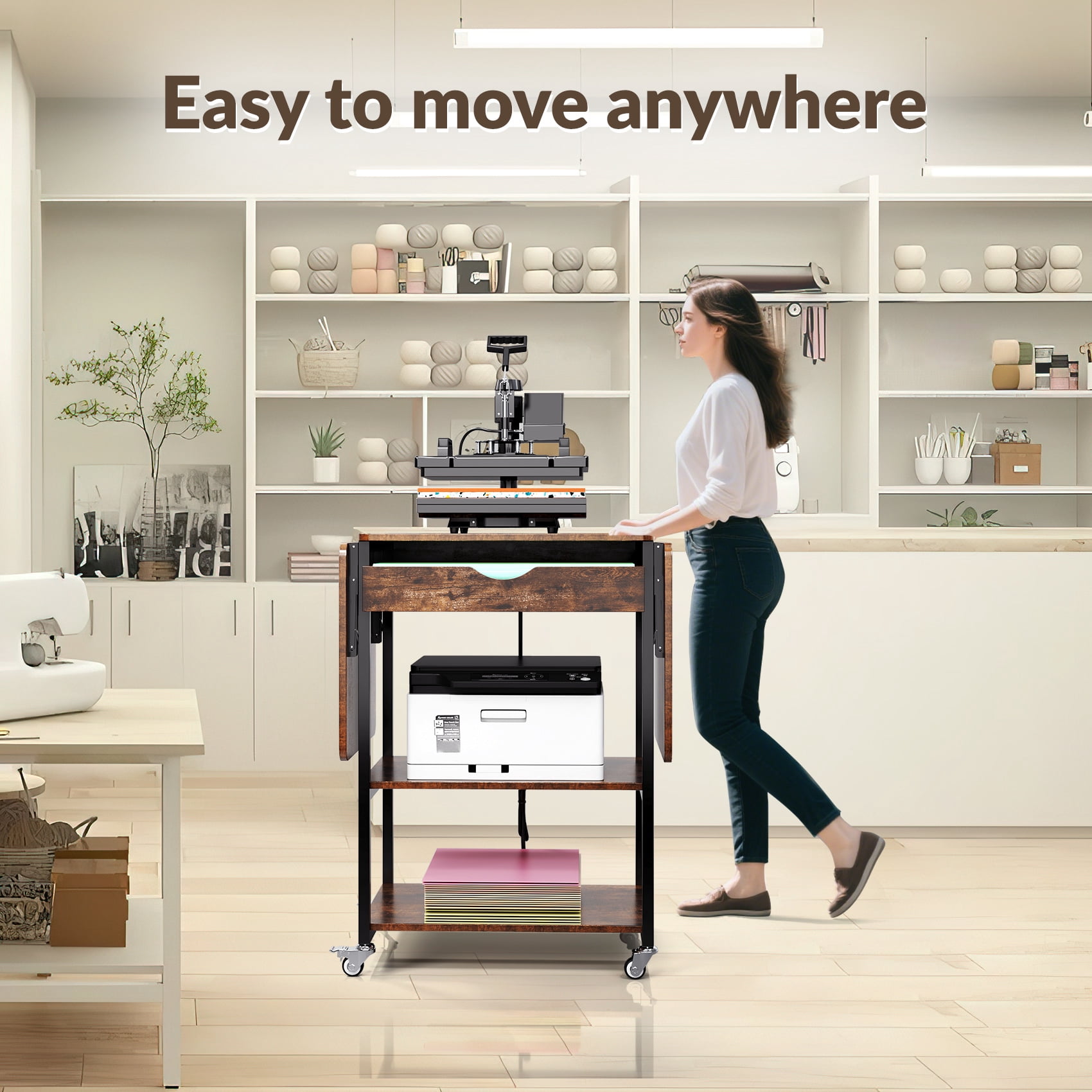 TC-HOMENY Foldable Heat Press Machine Stand w/ Charging Station, Mobile Heat Printer Cart w/ 3-Tier Storage & Drawer, Movable Heat Transfer Machine Workbench, Wooden