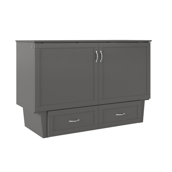 Queen Murphy Bed Chest Solid Wood - Grey Storage Bed with Mattress & USB Ports - Space Saving Furniture