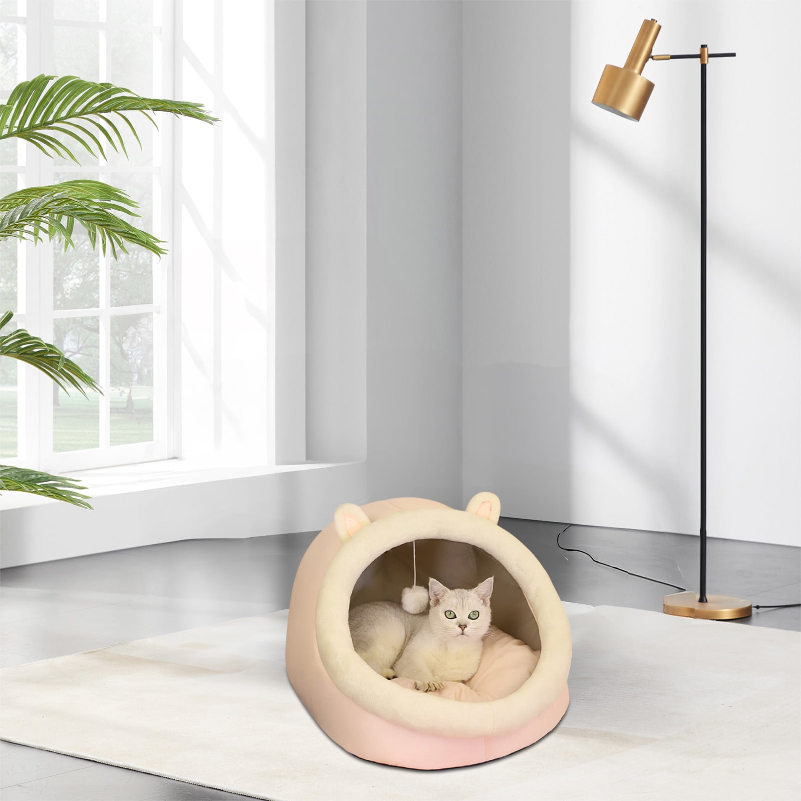 AUHomi Cute Cat Bed for Indoor Cats, Semi-Enclosed Soft Half-Covered Cat Bed, Thickening and Warm in Winter, Warm Soft Cave Fit for Cat Up to 16 Lb and Puppy, Pink