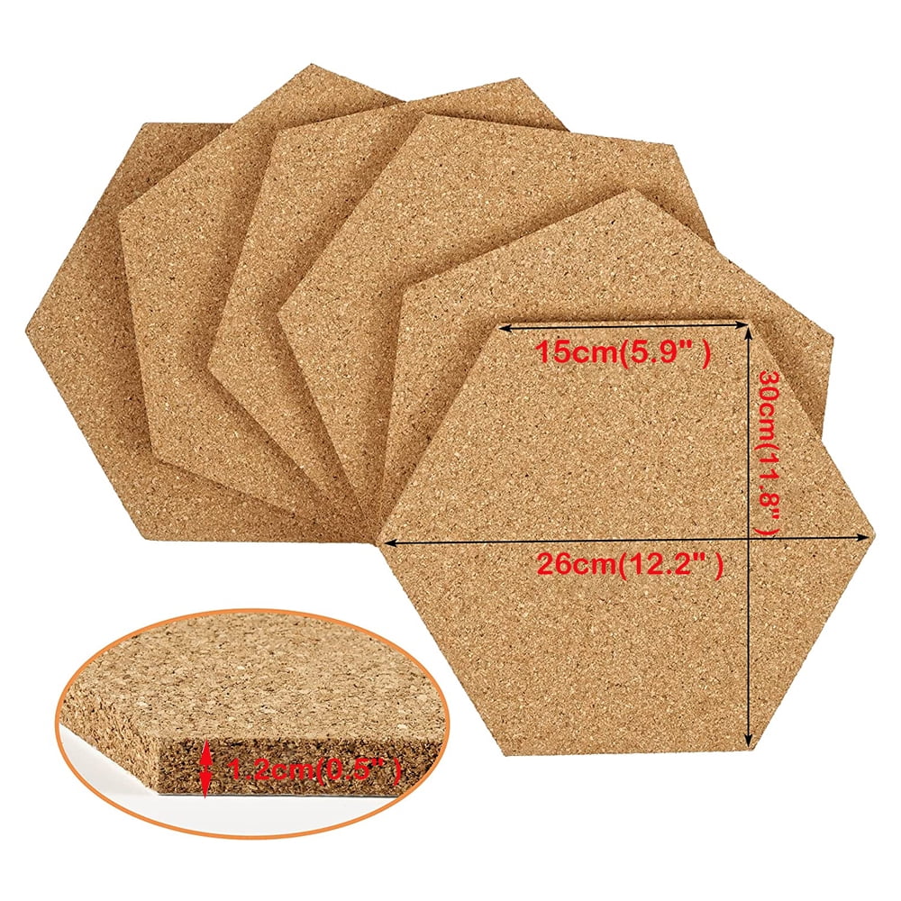 Qomolangma 12 Pack Hexagon Cork Board 12" x 10.2"-1/2" Thick Wall Bulletin Boards Cork Tiles Self-Adhesive Corkboards with 100PCS Push Pins for Wall