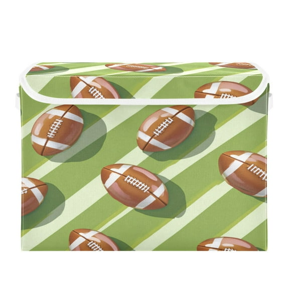 Large Collapsible Storage Box Flip Lid Fabric Decorative Organizer Container Basket with Handles 16.5×12.6×11.8in Rugby Balls Pattern