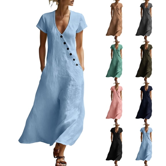 HVOBTTY Summer Women's Short Sleeve Maxi A-Line Dress Structure V Neck Casual Stylish Daily Attire