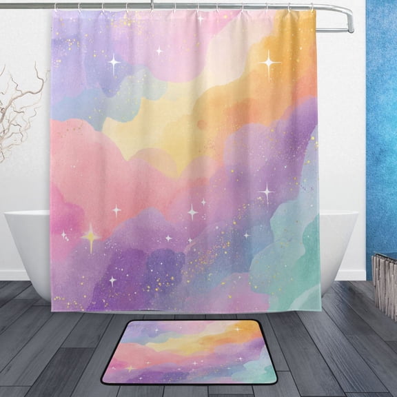 TTYFWHD 60" x 72" Shower Curtain and Bath Mat Set Golden Glitter Cloudscape Waterproof Bathroom Curtain with 12 Hooks, Bathroom Decor Set