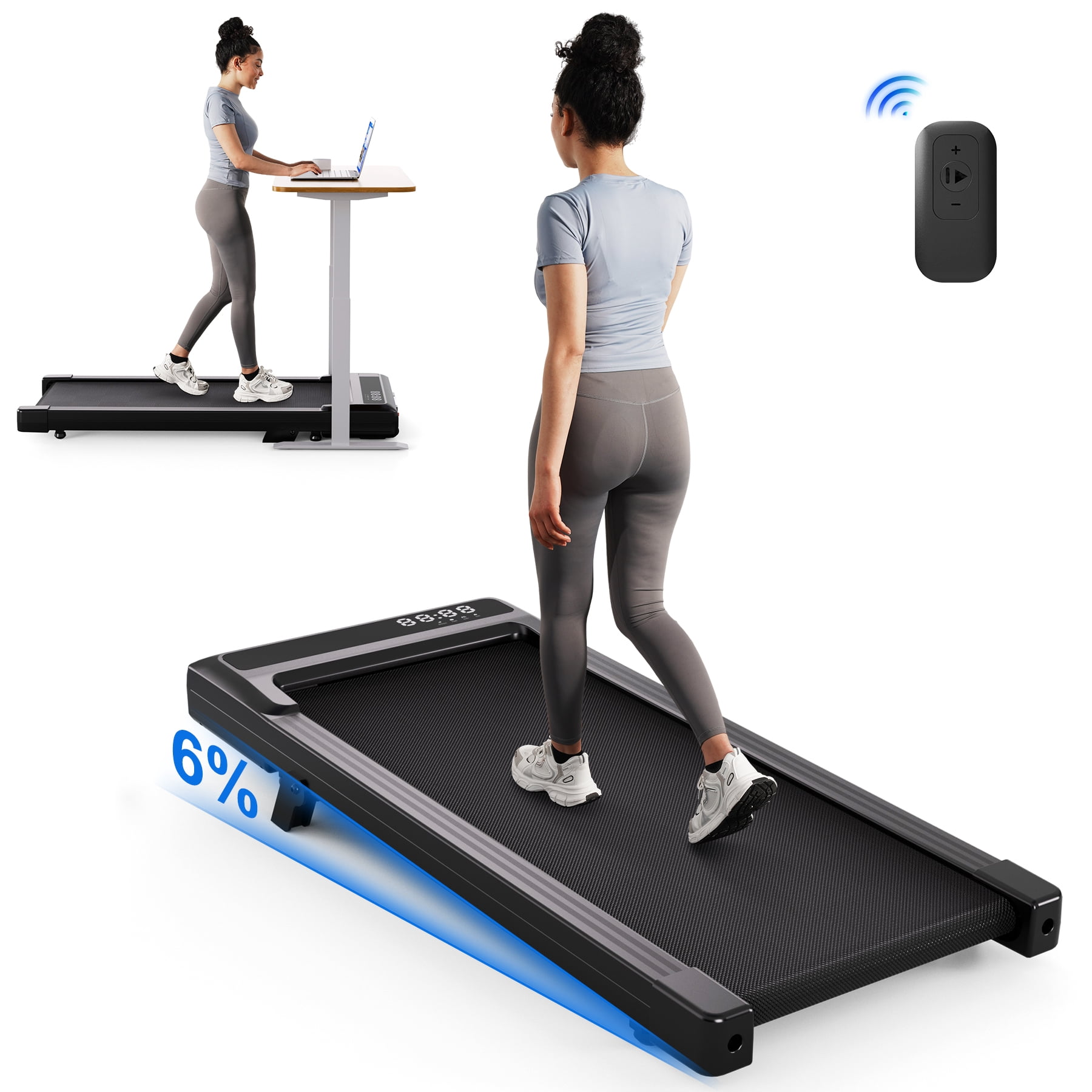 MJWW Walking Pad Treadmill with 6% Incline and Remote Control,Under Desk Treadmill for Home&Office, 250 lbs Weight Capacity