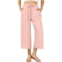 ShomPort Wide Leg Capris For Women Drawstring Elastic Waist Cropped Pants With Pocket Comfy Breathable Straight Hem Solid Color Trousers