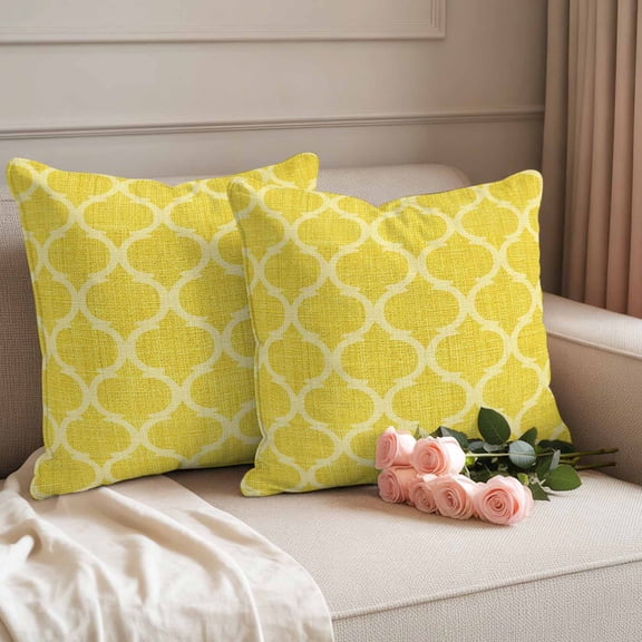 Waterproof Throw Pillow Covers 18x18 Set of 2, Moroccan Geometric Pattern Outdoor Pillowcases with Invisible Zipper, Yellow Linen Texture Decorative Cushion Covers for Patio Garden Sofa Couch Balcony