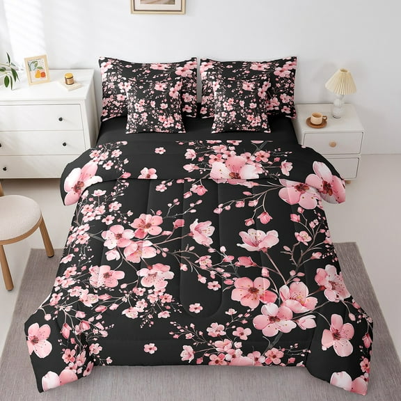Erosebridal Pink Cherry Blossom Bedding Sets Twin Size,Floral Sakura Comforter Sets with Sheets,Microfiber Reversible Bed in a Bag Twin size,Japanese Style Decor,7pcs