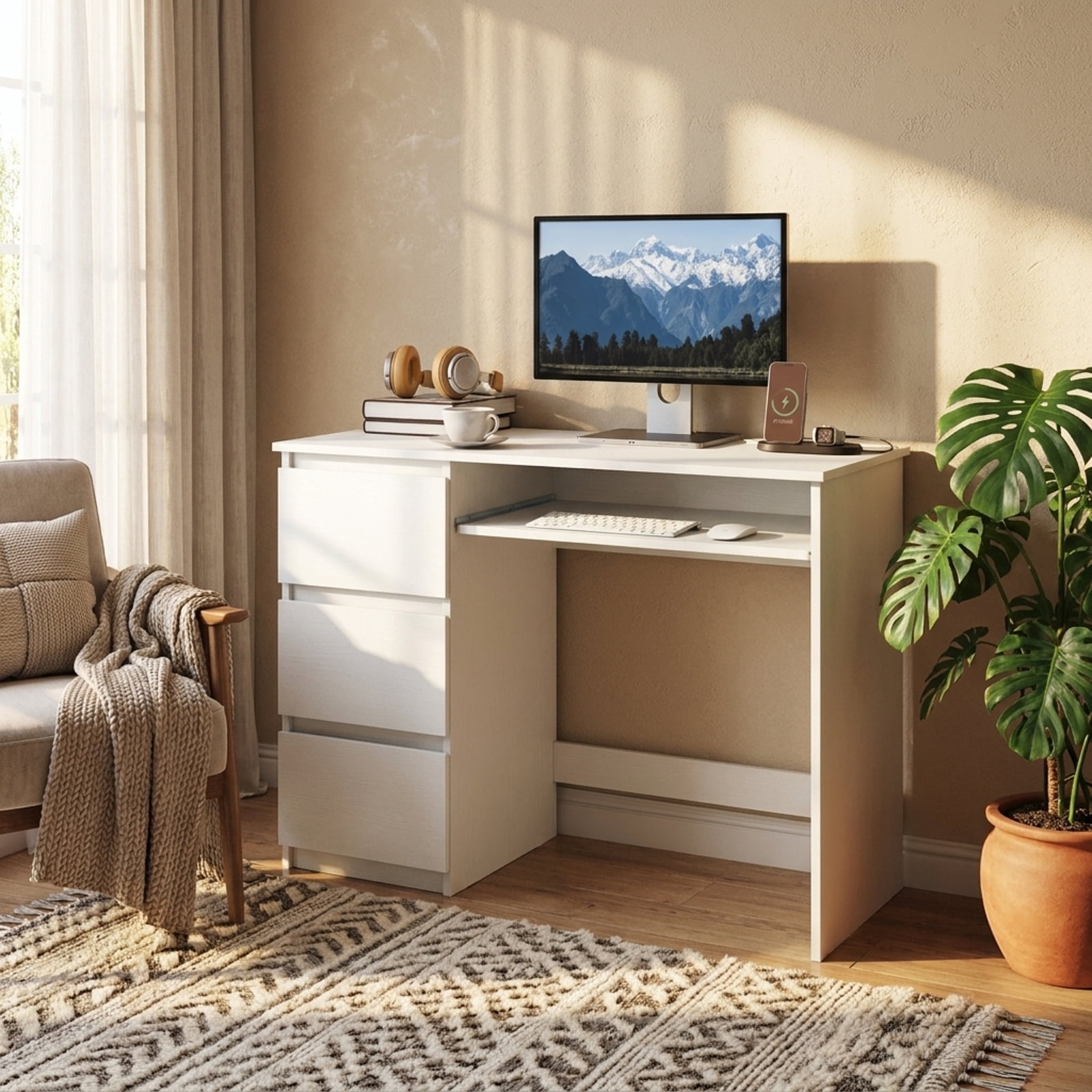 Furnibear Computer Desk with Power Outlet Keyboard Tray and 3 Large Drawers, White