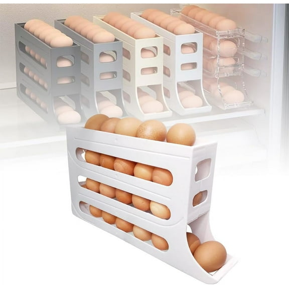 Upgrade 4 Tiers Egg Holder for Fridge, 2024 New Auto Rolling Egg Tray Stackable Space-Saving Refrigerator Egg Holders, arge Capacity Egg Holder Dispenser for Refrigerator (White)