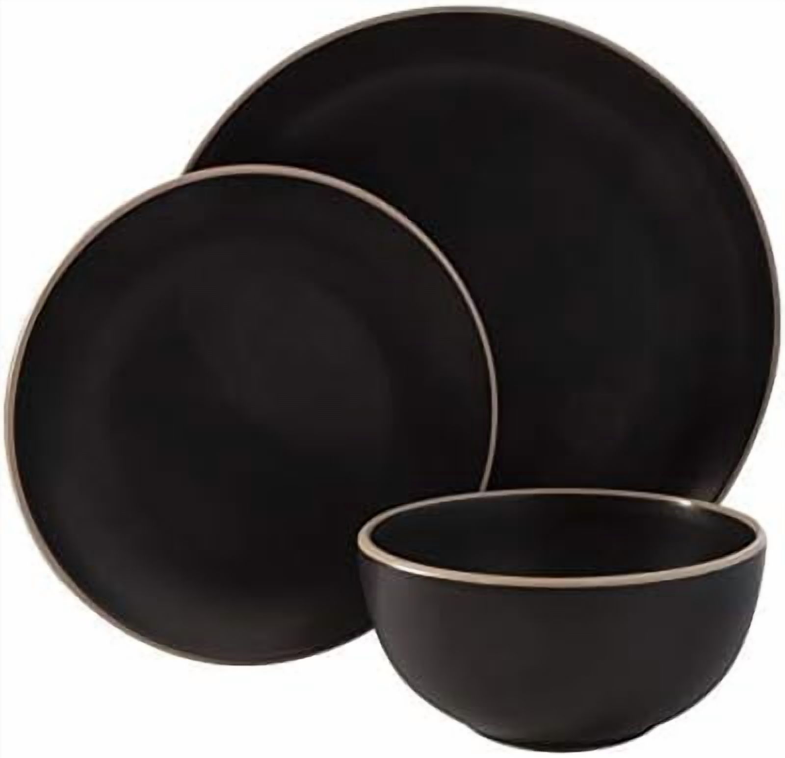 Rockaway 12-Piece Stoneware Dinnerware Set, Service for 4 – Modern Round Plates and Bowls, Dishwasher & Microwave Safe, Black