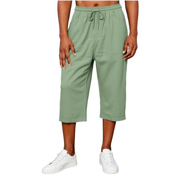 Men's Linen Capri Pants Drawstring Elastic Waist Casual Straight Leg Shorts with Pockets,M,Green