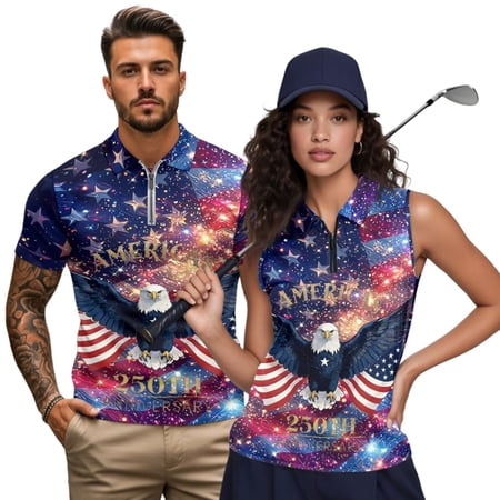 Jeiento 250th Anniversary Matching Golf Shirts for Couples Quarter Zip Sleeveless Golf Shirt for Women 4Th of July Eagle Mens Slim Fit Short Sleeve Shirts Women s XS