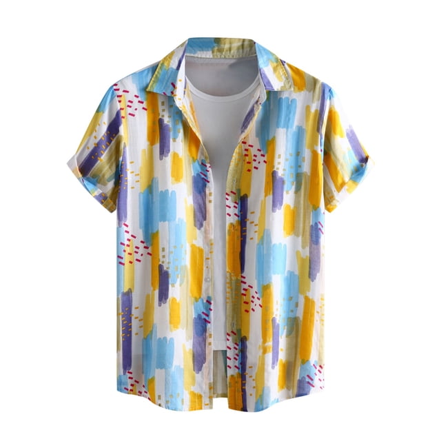 Camisas De Mezclilla Para Hombre Camisas de un solo pecho de primavera y verano para hombre, camisas de manga corta con estampado informal para playa y vacaciones al libre (Yellow, 3XL)