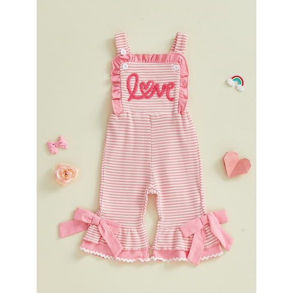 Loicainy Toddler Baby Girls Valentines Jumpsuits 6 12 18 24 Months 2T 3T 4T Cute Letters Embroidery Sleeveless Striped Bell Bottom Overalls