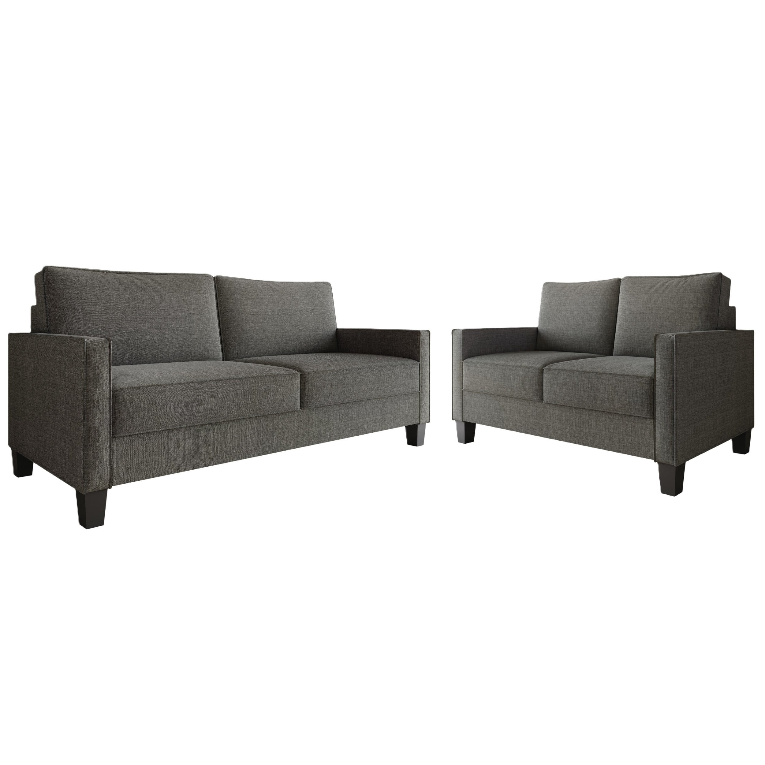 Home Design Marcia 2-Piece Square Arm Living Room Set with Loveseat and Sofa, Modern Upholstery and Black Legs, Gray