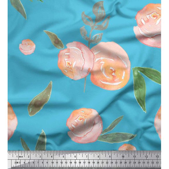 Soimoi Blue polyester Crepe Fabric Leaves & Peach Floral Watercolor Print Sewing Fabric BTY 42 Inch Wide