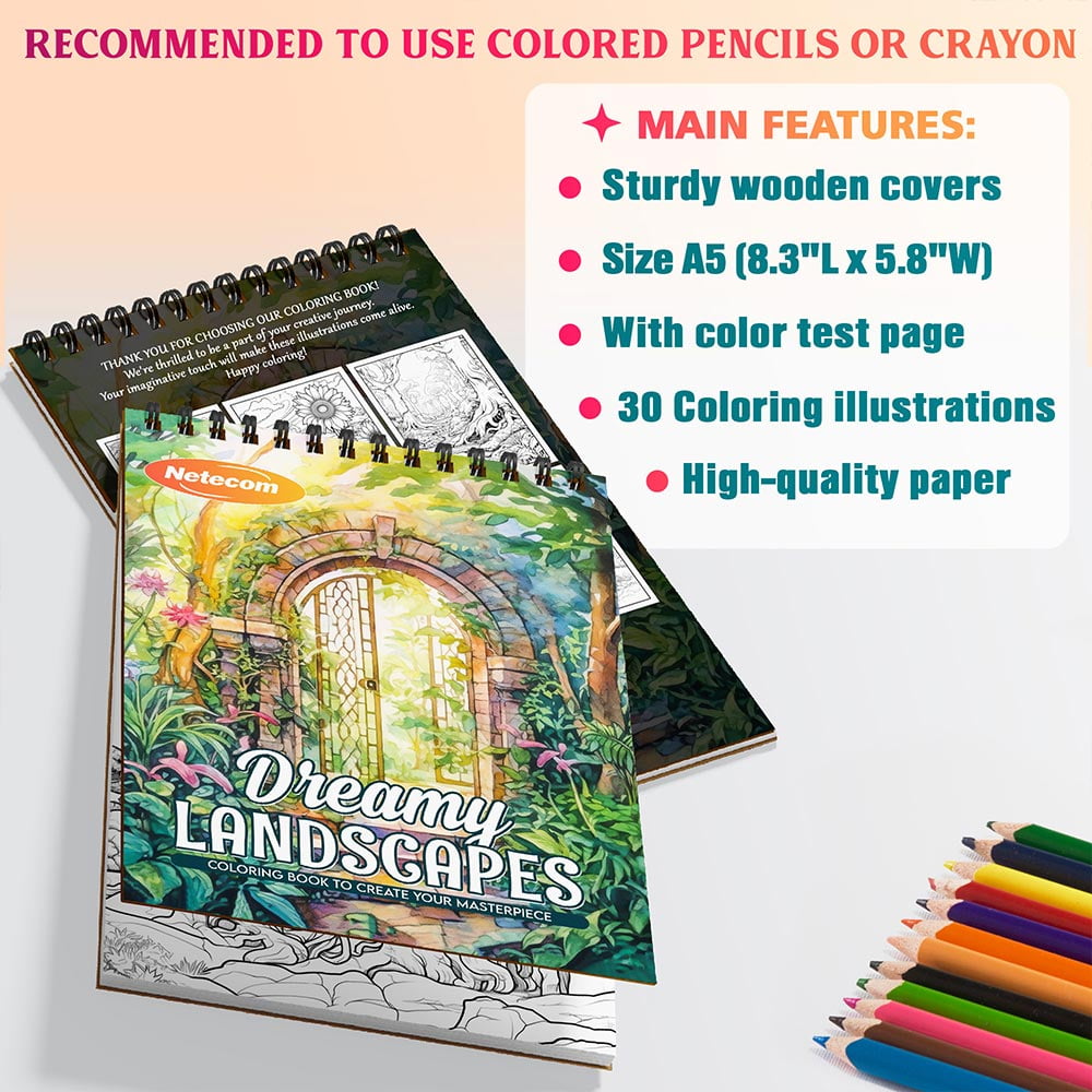 Dreamy Landscapes Coloring Book Spiral Bound For Adults, A5 Wooden Cover, 30 Calming Coloring Pages of Scenic Mountain Views and Gentle Rivers for Stress Relief and Relaxation