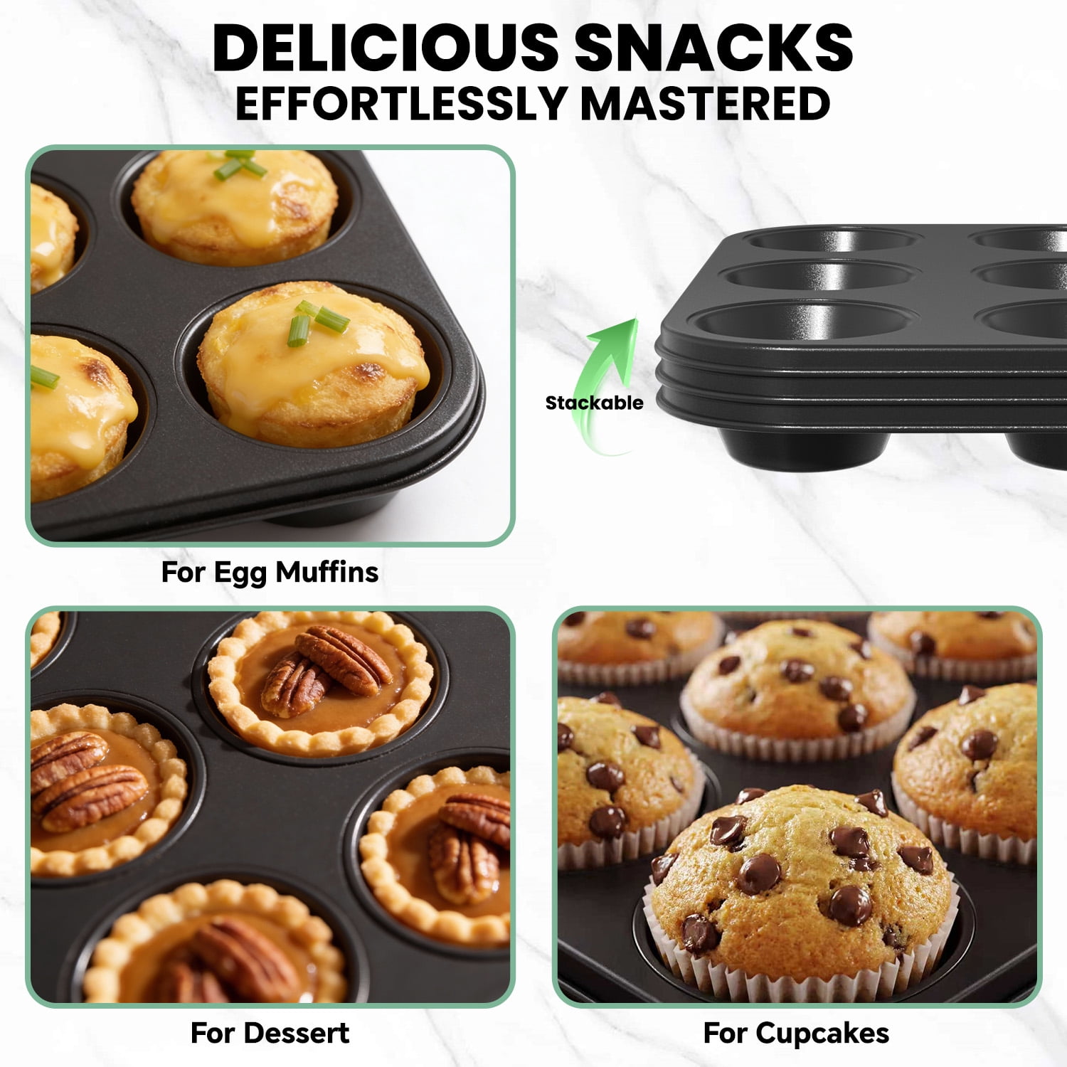 GPED 2 Pack Muffin Pan for Baking, 12-Cup Nonstick Cupcake Pan, 14.2" x 11" x 1.5" with 2.56" Cups, for Muffins, Cupcakes, Brownies, Cheesecake, Carbon Steel, Easy Clean, Oven Safe