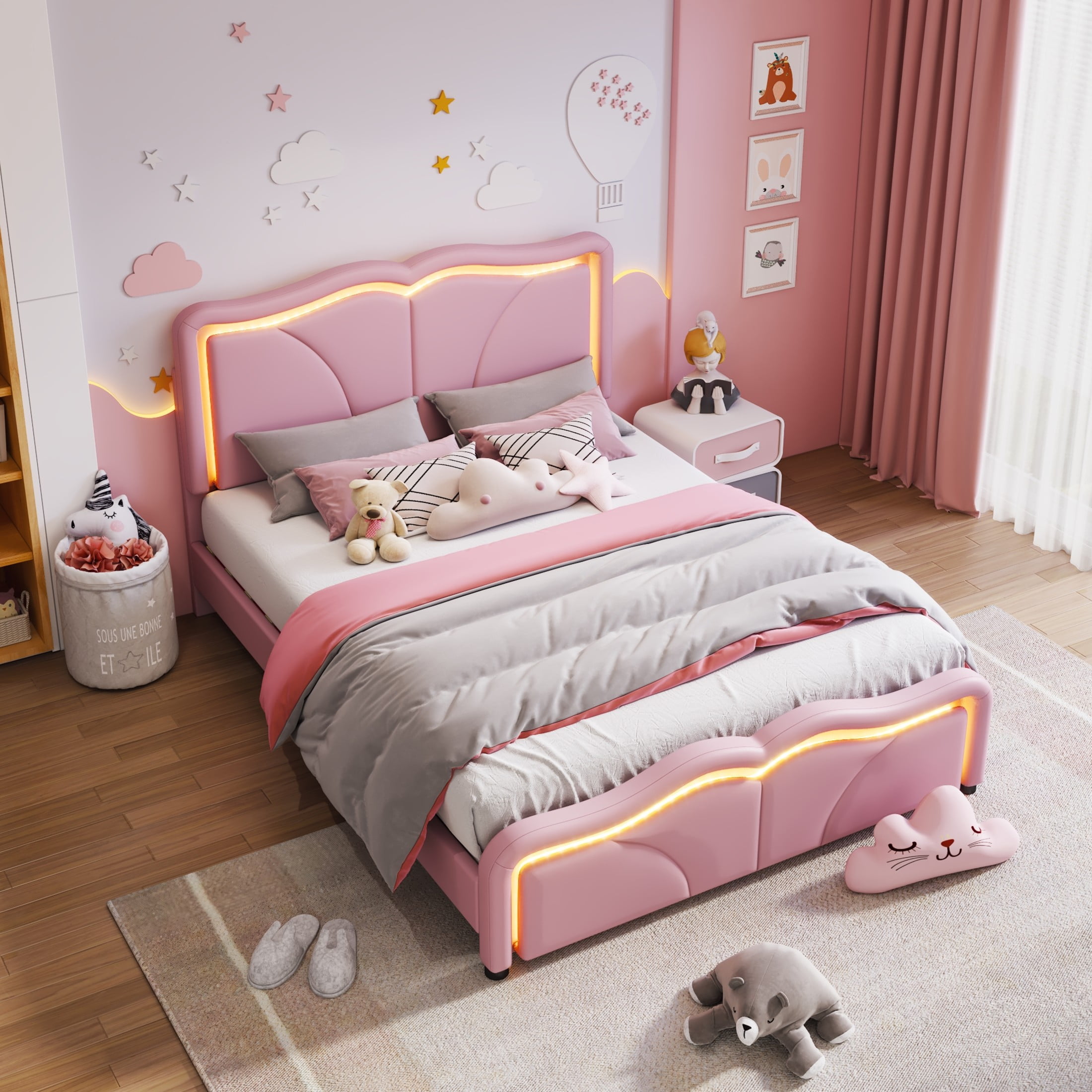 Noble House Sheila Full Upholstered Platform Bed, Curve Shaped Height-Adjustable LED Headboard, PU Leather, Pink