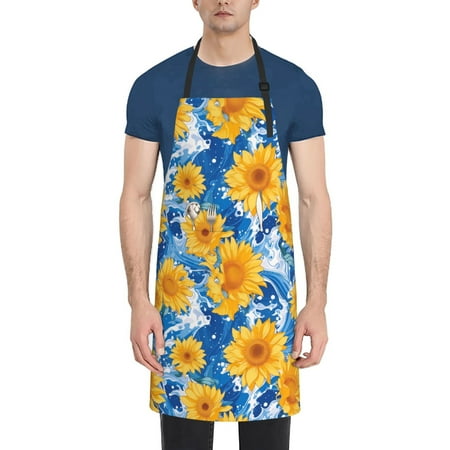 

Xecao Ocean Wave Sunflower Print Kitchen Cooking Aprons Waterproof Adjustable Bib Aprons with 2 Pockets for Women Men Chef