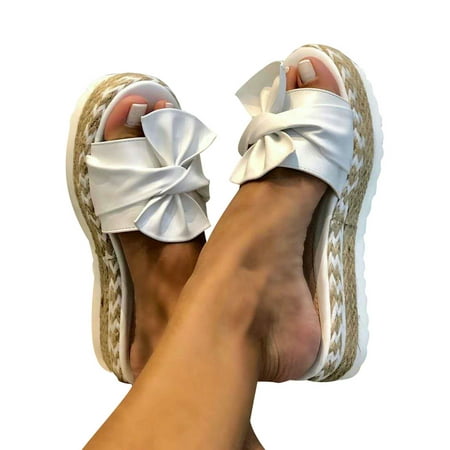 

Fangasis Ladies Womens Espadrille Bow Platform Slip On Heel Wedge Summer Sandals Sliders