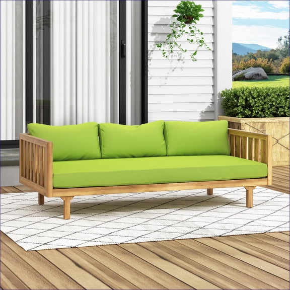 Outdoor 3 Seater Daybed Sofa | Classic Slat Panel | Solid Acacia Wood | Water-Resistant Cushions | Patio Use | 67.75"W | Teak | Wood Waterproof Fabric