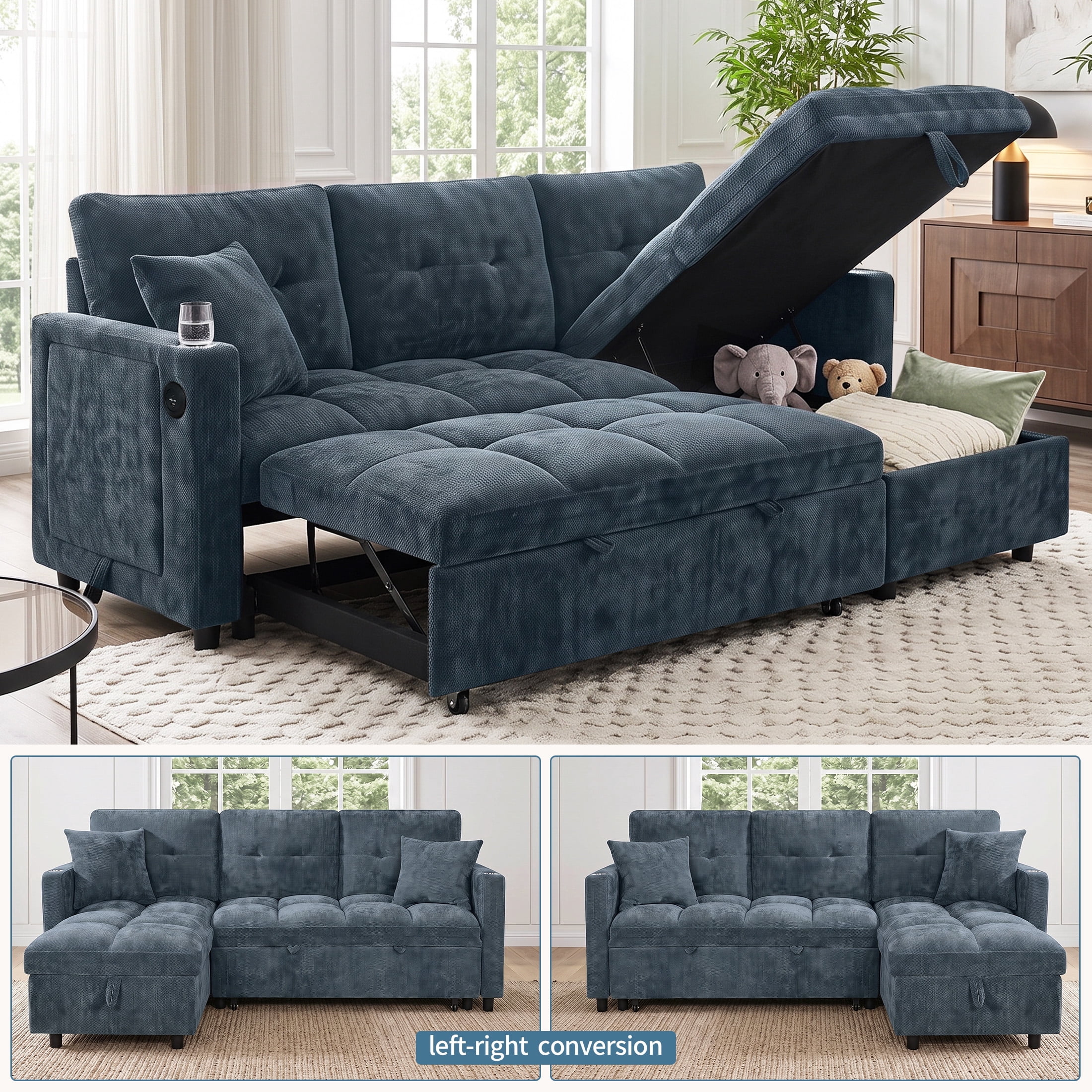 Aenkyo 82" Chenille L-Shaped Sectional Pull Out Sofa Bed with Storage Chaise & Side Table, Blue