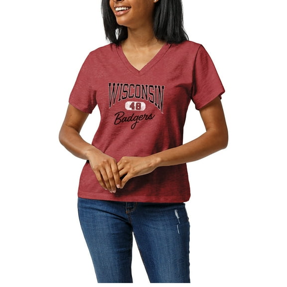 Women's Heather Red Wisconsin Badgers Intramural Tri-Blend Boyfriend V-Neck T-Shirt