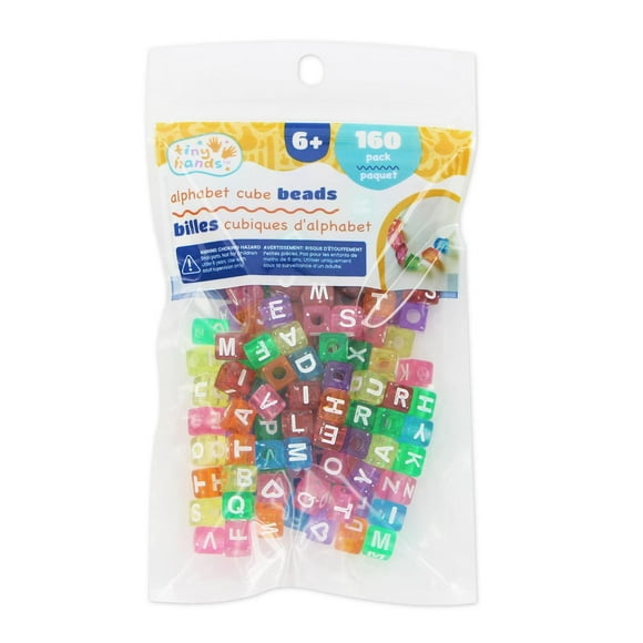 TINY HANDS Alphabet Cube Beads, Clear, 160 pcs, 7.5 mm (0.3 in), Age 6+, Kids, Crafts, Glitter, 8 mm (0.31 in), 160pcs