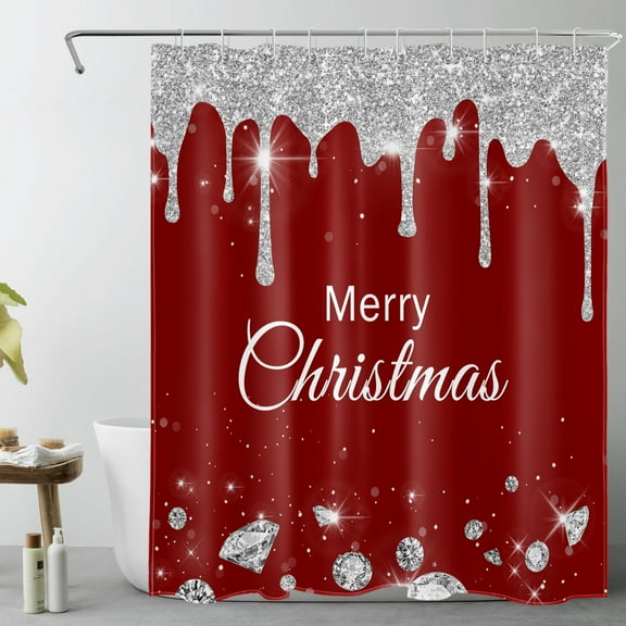 HVEST Red Christmas Shower Curtain with Silver Glitter Diamond on Red Background Design - Merry Christmas Holiday Bathroom Decor, Waterproof Polyester Fabric, Includes 10 Hooks, 60x72 Inches