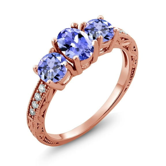 Gem Stone King 1.79 Ct Oval Blue Tanzanite 18K Rose Gold Plated Silver Moissanite Ring (Size 7)