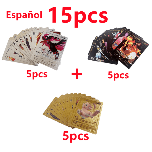 Caja de cartas de Pokémon Pikachu de dorado, tarjetas de batalla de colección rara, juguetes de 15-55 piezas, dorado, plateado, español, francés, inglés, Charizard