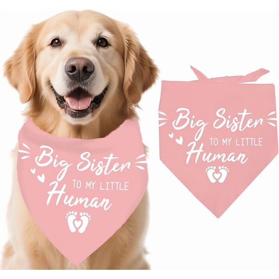 1 Pink Unbleached Cotton Adjustable Triangle Dog Bandana “Big Sister” Theme Promoted to Big Sister Pet Bandanas