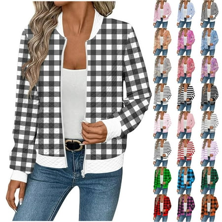 JTZGDY Women s Diamond Quilted Bomber Jacket Casual Plaid/Striped/Tie Dye Print Long Sleeve Full Zip up Mock Neck Waffle Knit Cardigan Outwear Coat C-Red XXL