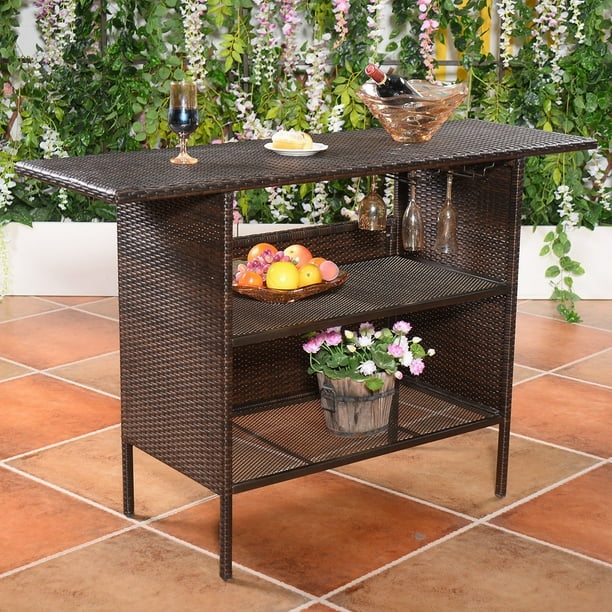 Outdoor Rattan Wicker Bar Counter Table Shelves Garden Patio Furniture Brown Walmart Com Walmart Com